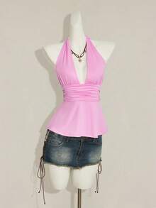 SHEIN ICON 萬聖節女性掛脖露背粉色娃娃裝背心，適合夜店、度假、外出，夏季性感款 - 粉色 - 查看 4