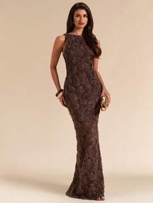 SHEIN BAE Spring Summer Brown Floral Jacquard Sleeveless Slim Fit Maxi Elegant Dress Dinner Party Date Wedding Guest Attire Cocktail Long Beach - Brown - View 3