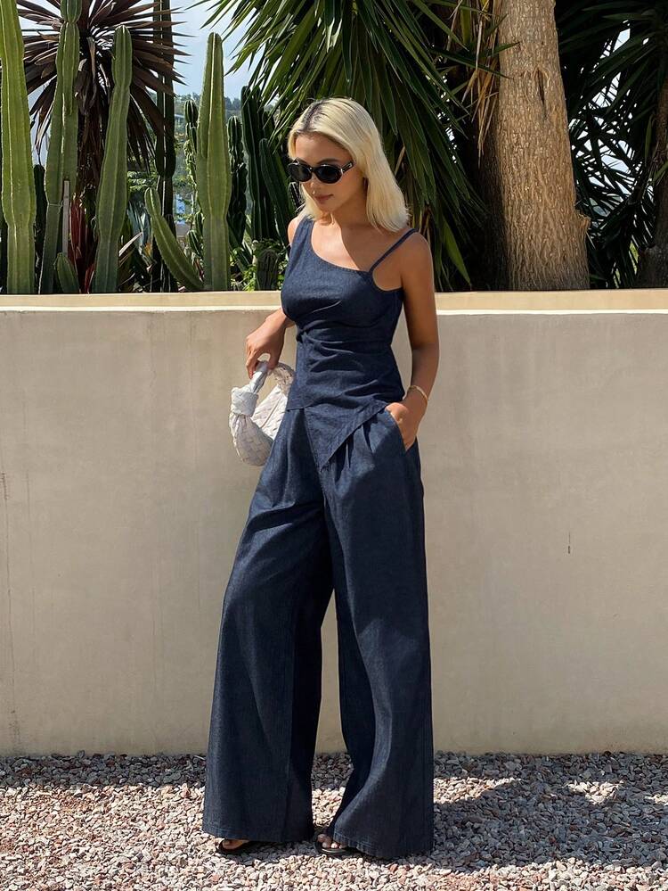 Women's Asymmetric Neck Tie Strap Top And Loose Long Pants Vacation Style Denim Set