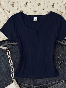 Teen Girl Summer New Snug Fit Versatile Navy Blue Ribbed Knit Round Neck Button Short Sleeve Top - Navy Blue - View 4
