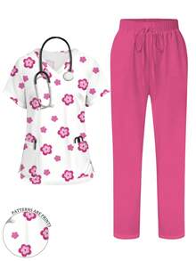 PopScrub 2pcs/Set Setelan Seragam Kasual Motif Bunga Merah Mawar Denim Imitasi, Atasan Kerja Wanita Model V-Neck Lengan Pendek dengan Saku dan Belahan, Musim Semi/Panas - MultiWarna - View 1