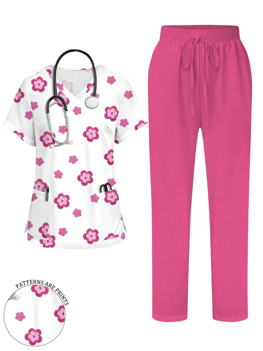 PopScrub 2pcs/Set Setelan Seragam Kasual Motif Bunga Merah Mawar Denim Imitasi, Atasan Kerja Wanita Model V-Neck Lengan Pendek dengan Saku dan Belahan, Musim Semi/Panas - MultiWarna - View 1
