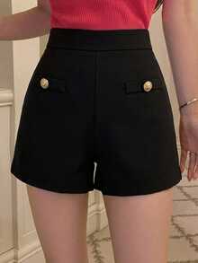 DAZY Shorts con diseño de botones para primavera, verano y otoño - Negro - Ver 3