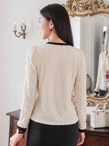 DAZY Spring Summer Autumn Round Neck Long Sleeve Apricot Color 3D Jacquard Fabric Slim Fit Women's T-Shirt School - White - View 2