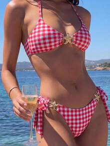 Swim Mod Sweet And Sexy Tropical White Plaid Halter Neck Tie Backless Bikini Swimwear Set For Women, Starfish Embellished Bikini Two-Piece Set Holiday Beach - Multicolor - View 1