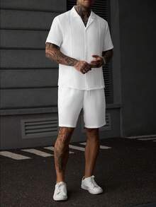 Manfinity Homme 男士蕾絲紋理成熟休閒襯衫套裝 - 白色 - 查看 3