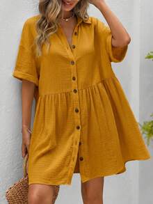 SHEIN VCAY Vestido mini de talla grande con mangas de murciélago y patchwork - Amarillo claro - Ver 3