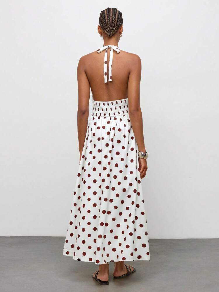 SHEIN Maija Women's Halter Neck Tie Polka Dot Elastic Adjustable Waist Full Flare Maxi Dress, Vintage Old Money Teacher Style Romantic Fashion Versatile Summer Party Top Beach Vacation Outing Graduation Ceremony Elegant Blouse Casual Shirt Formal Attire Work Office