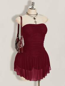 SHEIN ICON Vestido de malla plisado sin tirantes de unicolor para mujer talla grande - Burdeos - Ver 6
