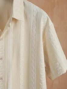 VENTUSAIL 男士杏色春夏仿刺繡度假風短袖襯衫與短褲套裝，度假款 - 杏色 - 查看 4