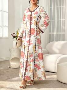 SHEIN Najma 紅色大碎花假蕾絲飾邊女款時尚V領長袖碎花洋裝，白色優雅長裙配花卉圖案，舒適女裝適合春夏季 - 彩色 - 查看 3