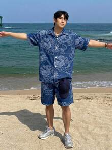 DAZY Floral Jacquard Design Short Sleeve Shirt Paired With Shorts Denim Suit For Men Summer - Blue - View 6