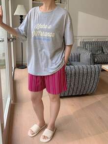 Dazy Plus 2pcs/Set Plus Size Women's Letter Print Short Sleeve Top And Striped Straight Shorts Pajama Set, Spring/Summer - Grey - View 4