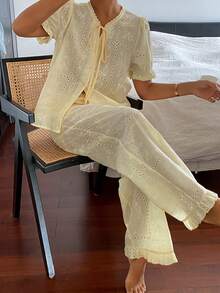 DAZY Women's Hollow Embroidery Front Lace-Up Short Sleeve Top And Pants Pajama Set - Yellow - View 8