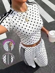 SHEIN EZwear 大尺碼女款波點拼接上衣與長褲套裝，休閒牛仔寬鬆日常度假正式風，適合夜店夏季白色 - 黑與白 - 查看 4