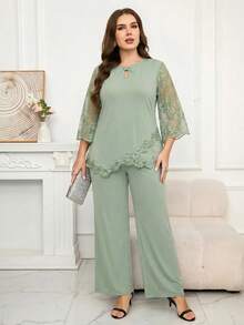 SHEIN Clasi 大尺碼女款蕾絲拼接上衣與長褲休閒日常兩件套 - 綠色 - 查看 8
