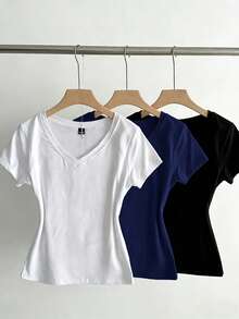 SHEIN EZwear 3件組女款夏季V領修身T恤，龐克次文化動漫純色基礎款V領短袖修身T恤 - 彩色 - 查看 3