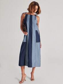 NYA SZN Denim Overalls Tie Strap Color Block Oversized Casual Loose Brunch Vacation Fourth Of July Navy Blue Outfits For Women Autumn - Multicolor - View 5