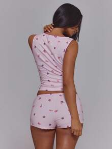 MUSERA Fruit Print Picot Trim Button Front Fitted Mini Shorts Hotpants Coord Only Cute Sexy Summer Spring Holiday Vacation Lingerie Night Lounge Fruits Girly - Pink - View 4