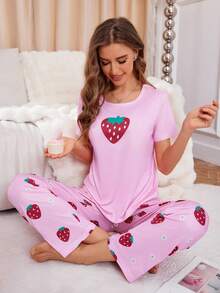SHEIN Casual Underwear&Sleepwear 女款圓領草莓印花短袖上衣與長褲休閒日常睡衣套裝 - 彩色 - 查看 4