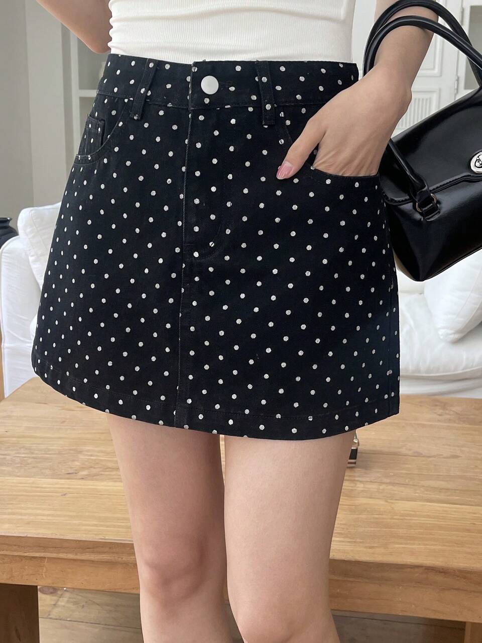 Women's Black And White Polka Dot Casual Cute Denim Skirt With Heart Embroidery Decor Back-To-School Everyday Summer
