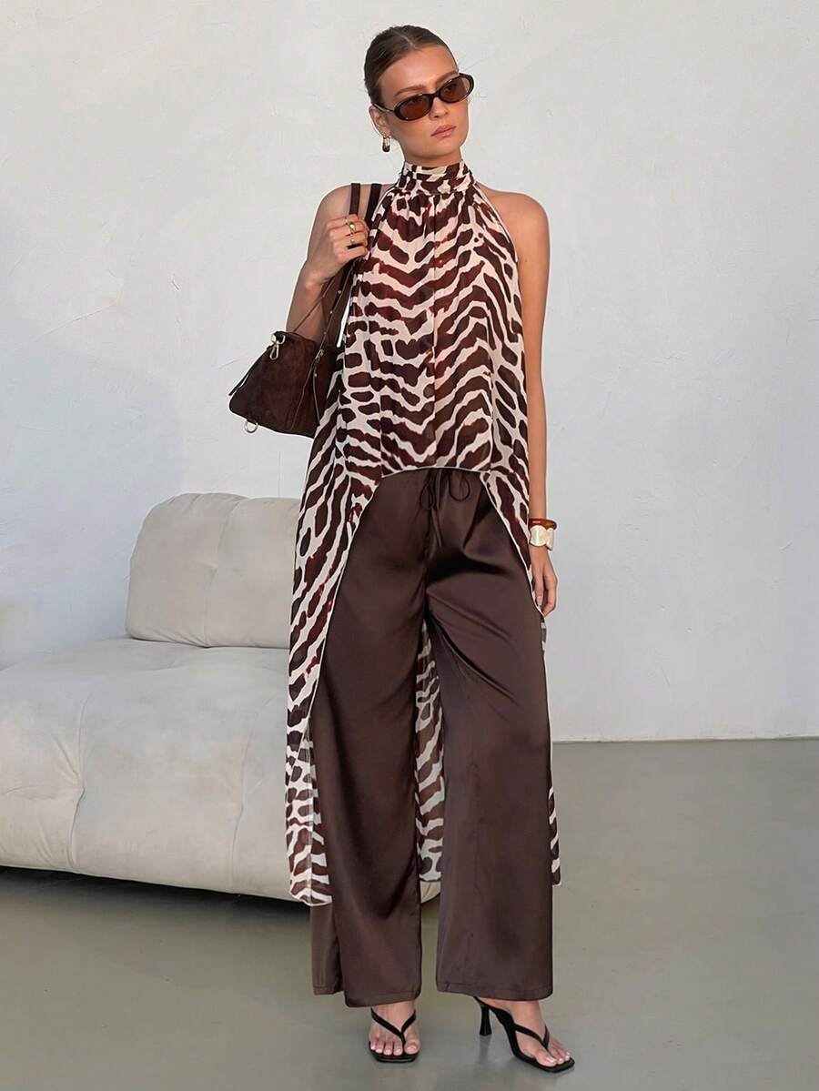 Lavishia Chemise en mousseline de soie sans manches à imprimé zébré à la mode pour femmes, convient pour l'été, les vacances, les fêtes et les tenues décontractées - Marron - Voir 1