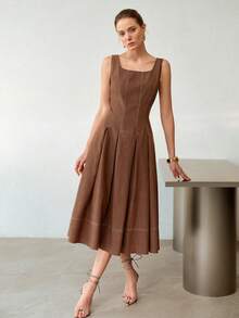 MOTF PREMIUM WOMEN'S FOLDED PLEATED SLEEVELESS DENIM EFFECT DRESS - Brown - View 5