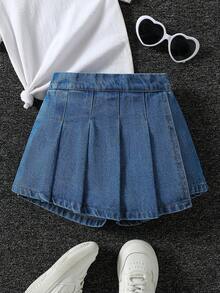 SHEIN Elladie kids 女童牛仔短褲，百褶牛仔裙褲，夏季新品，學院甜酷風，中藍色水洗牛仔色，適合夏季度假/音樂節，水洗鹽處理工藝，百褶裙褲廓形，舒適細棉牛仔面料，百搭日常穿搭，可搭配短袖T恤和白色運動鞋，適合夏季度假、派對聚會 - 中等水洗藍 - 查看 1