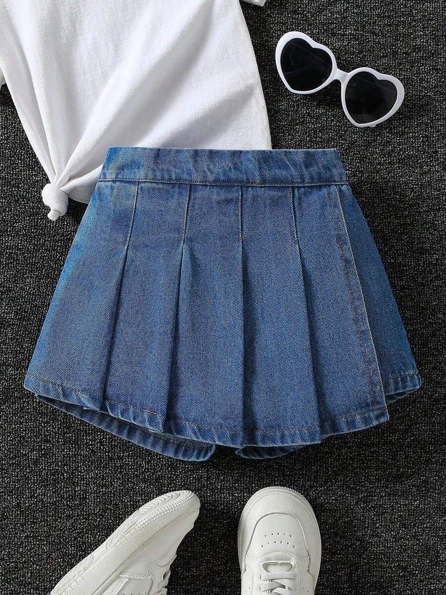 SHEIN Elladie kids 女童牛仔短褲,百褶牛仔裙褲,夏季新品,學院甜酷風,中藍色水洗牛仔色,適合夏季度假/音樂節,水洗鹽處理工藝,百褶裙褲廓形,舒適細棉牛仔面料,百搭日常穿搭,可搭配短袖T恤和白色運動鞋,適合夏季度假、派對聚會 - 中等水洗藍 - 查看 1