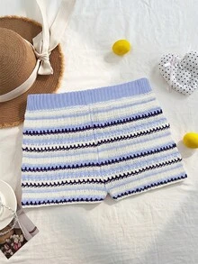 Elamini Women's Versatile Gradient Blue And White Stripe Mini Knit Cute Tropical Vacation Sweater Pants Beach Vacation Summer - Blue - View 2