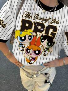 THE POWERPUFF GIRLS X SHEIN 少女夏季条纹花朵、泡泡、毛茛图案短袖 T 恤 - 白色 - 查看 4
