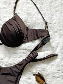 Bonvoyette Hard Cup Steel Support Spaghetti Strap Ruched Sexy Bikini Set - Brown - View 5