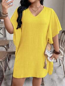 EMERY ROSE Vestido de uso diario casual de unicolor con cuello en V para mujer de talla grande - Amarillo claro - Ver 5