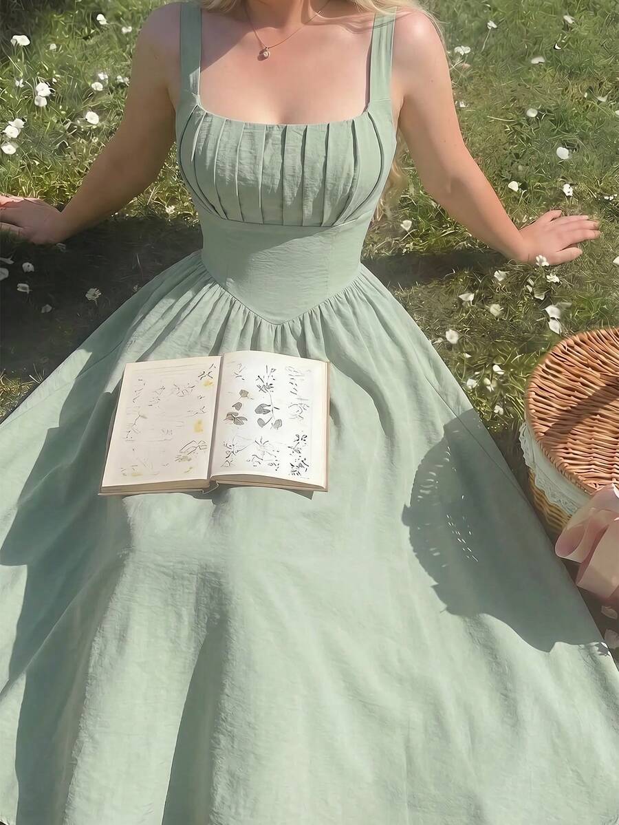 SHEIN MOD فستان نسائي أنيق بدون أكمام بطول متوسط مع طيات على الصدر، لون أحادي، مناسب للربيع والصيف، زي كرنفال نسائي، فستان لضيف الزفاف، فستان وصيفة العروس، أنيق، ملابس عطلة، فستان رسمي، فستان أخضر، فستان حفلة الشاي، فستان عيد ميلاد، مناسب للياقة الرشيقة والارتداء اليومي، طراز قديم، إحساس بالثراء القديم، فستان صيفي، فستان أنيق