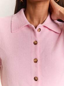 SHEIN BAE Solid Color Lapel Waist-Cinching Slim Fit Short Sleeve Women's Cardigan Sweater - Pink - View 6