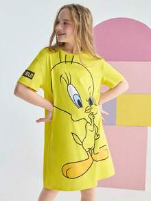 LOONEY TUNES X SHEIN Tween 女童卡通鸟印花黄色休闲百搭短袖连衣裙 - 黃色 - 查看 7