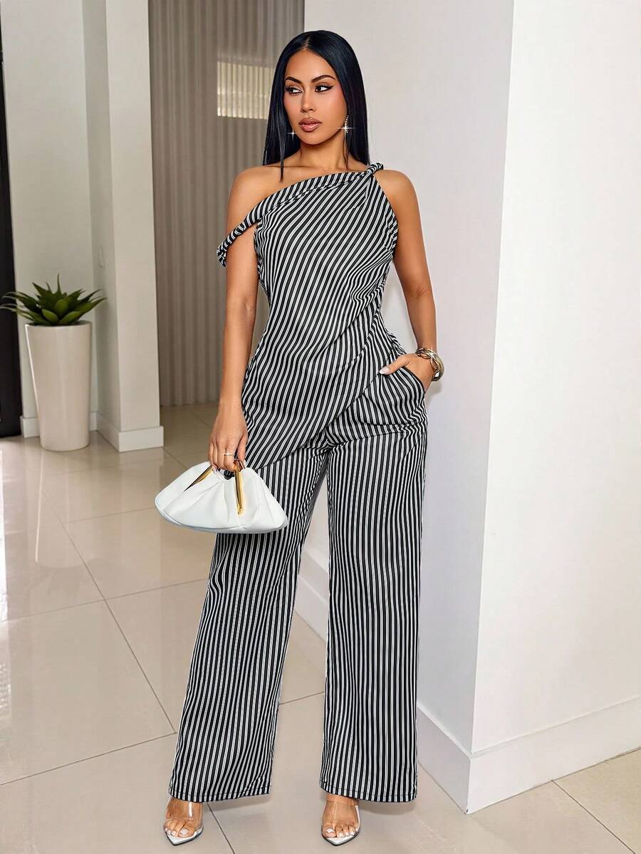 SOLERSUN Women's Chic Striped Asymmetrical Shoulder Twist Asymmetrical Hem Blouse & Wide Leg Pants With Pockets For Daily & Office,Striped Asymmetrical Two Pieces Set (Random Pattern - Black and White - View 1