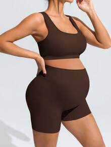 SHEIN Maternity Solid Color Top And Adjustable Shorts Casual Daily Sports Set - Coffee Brown - View 9