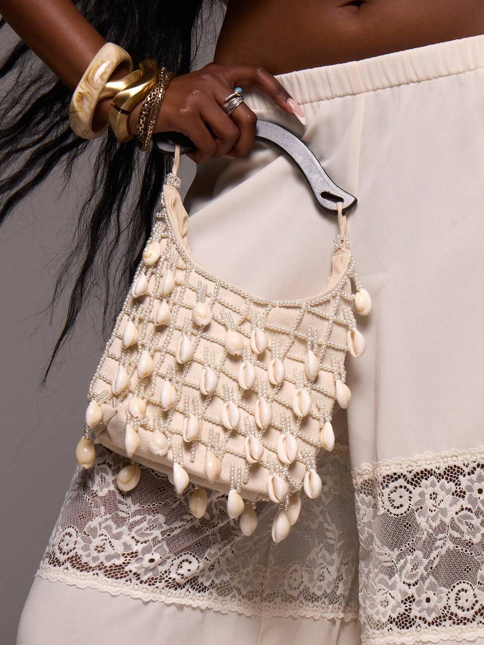Wooden Handle Shell Beaded Handbag Summer Beach Swim Going Out Daily Spring Holiday Accessory