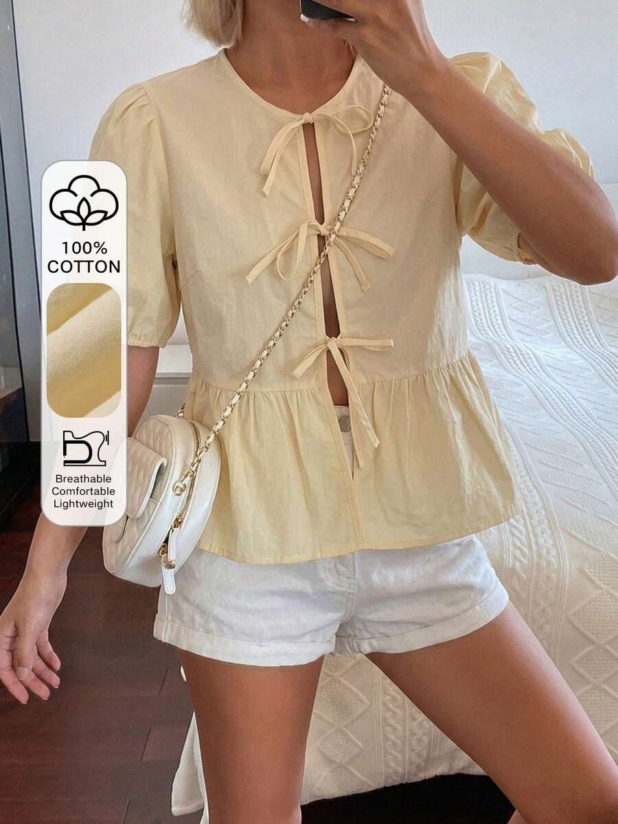 DAZY 女款夏季休閒度假日常通勤純色圓領泡泡短袖前綁帶荷葉邊上衣 - 黃色 - 查看 1