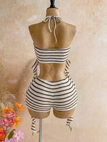 Soleia New Vacation Blue & White Striped Camisole Top And Mini Skirt Set, Summer, Spring, Vacation, Beach, Outing, Striped Two Pieces Set, Women's Vacation Two Pieces Set, Summer Two Pieces Set, Red & White Swimsuit, Swimwear Two Pieces Set, Party Outfit, Ruffle - Coffee Brown - View 2