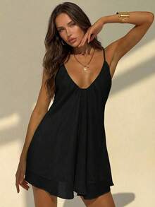 Aloruh Women's Deep V-Neck Spaghetti Strap A-Line Flowy Ruffle Hem Dress, Black,Summer Dresses For Women - Black - View 4