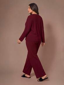SHEIN Conjunto de ropa de estar en casa con botones de felpa suave acanalada para invierno - Rojo - Ver 3