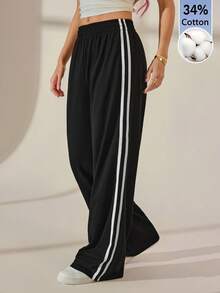 SHEIN Tall 休閒側條紋長褲 簡約時尚 日常休閒 棉混紡 高個女性適用 - 黑色 - 查看 5