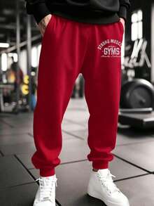 GymBeat Men's Letter Print Pocket Jogger Sweatpants - Red - View 1