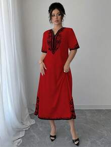 Elenzga Plus Size Women's Notch V-Neck Colorblock Casual Party Dress - Red - View 6