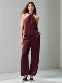 MOTF PREMIUM TENCEL LYOCELL KNOT DETAIL SLEEVELESS HALTER NECK WOMEN'S TOP - Coffee Brown - View 4