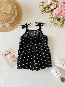 SHEIN Baju Terusan Bayi Perempuan Baru Lahir Lucu Motif Polkadot Kasual Musim Panas dengan Tali Bahu - Hitam - View 2