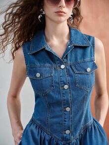 MOTF PREMIUM WOMEN'S DENIM DRESS WITH COLLAR, SLEEVELESS, WAIST-CINCHING, FLARE HEM - Blue - View 1