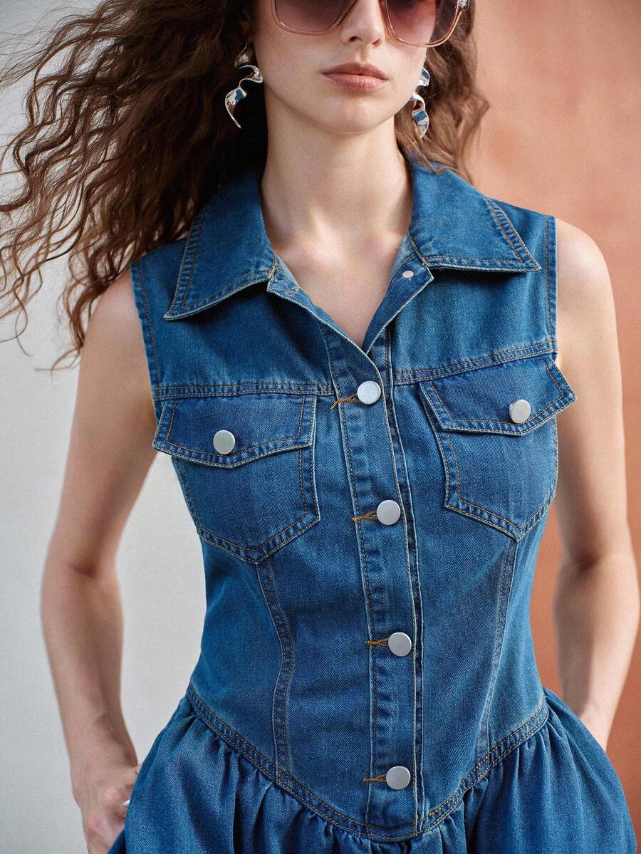 MOTF PREMIUM WOMEN'S DENIM DRESS WITH COLLAR, SLEEVELESS, WAIST-CINCHING, FLARE HEM - Blue - View 1